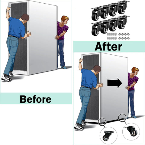 Eight 1.5-inch black polyurethane swivel casters with screws for workbenches or furniture, shown before/after installation on a cabinet