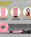 Close-up of 4 Pack Ratchet Tie Down Straps Kit 1 Inch By 16 Feet With 2400 Lb Break Strength Pink, showing rubber-coated S-hooks and soft loops.