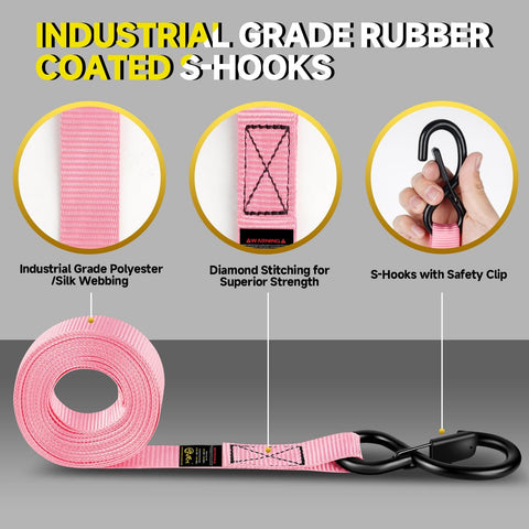 Close-up of 4 Pack Ratchet Tie Down Straps Kit 1 Inch By 16 Feet With 2400 Lb Break Strength Pink, showing rubber-coated S-hooks and soft loops.