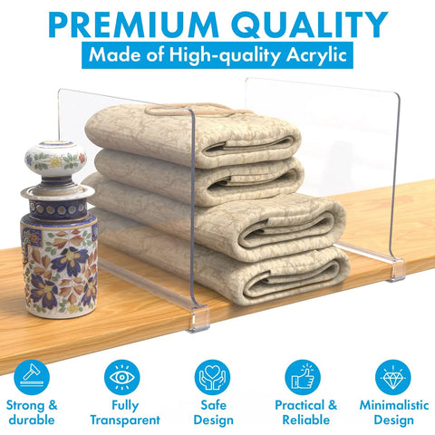 Clear Acrylic Shelf Dividers For Closet Organization, No Fuss 8 Pack Shelf Dividers showcasing folded clothes and a vase