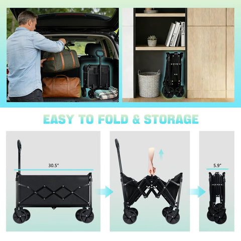 Heavy Duty Folding Wagon For All Terrain Use With 280 Lb Load Capacity Collapsible Utility Wagon On Wheels being folded for storage