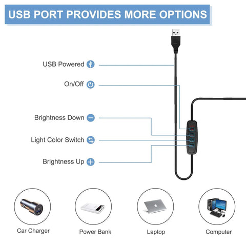 USB power options for Swing Arm Desk Lamp With Clamp Dimmable Eye Care Desk Light Memory Function; shown with charger icons.