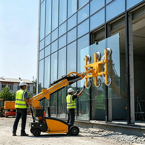 Heavy Duty Vacuum Glass Lifter With Powerful Electric Suction Grippers For No Sweat Large Panel Install and Commercial Job Site Handling Gear quick setup used by workers installing glass panels.