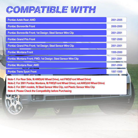 Compatibility chart for Front Wheel Hub Bearing Assembly with ABS - Single Unit Fits Impala, Monte Carlo, Uplander, Aurora, and GM models.