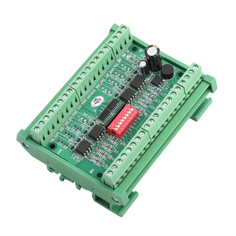 Top view of Eight Channel NPN And PNP To NPN Logic Level Converter Module For 5V And 24V Signals, green circuit board with connectors.