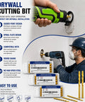 Sweet 1/4 Inch Titanium HSS Rotary Tool Drywall Cutout Bits Featuring A Sick Sabre Tip Spiral Saw Design That Slashes Through Gypsum Sheetrock And Plywood Like Butter 50 Piece Pack with guided point and spiral flute.