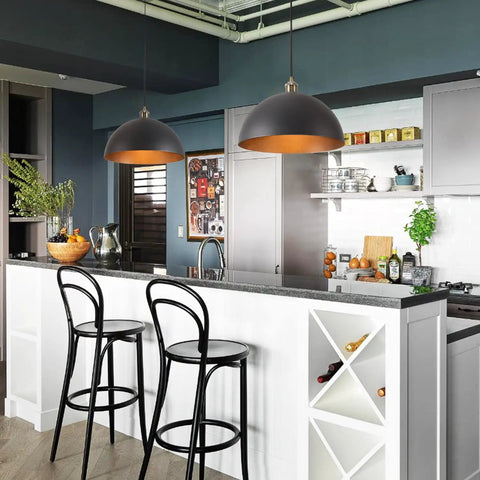 Vintage Black Pendant Light Dome Fixture With Retro Farmhouse Vibe hanging over a modern kitchen island with bar stools