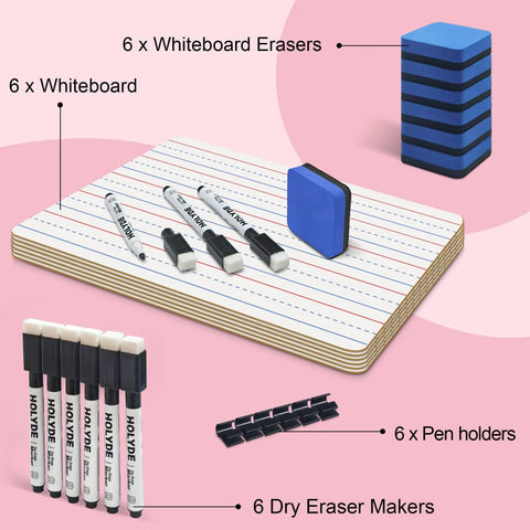 Six Pack Double Sided 9x12 Whiteboards With Lined Surfaces For Kids And Classroom Use, shown with markers and erasers