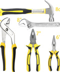 19 Piece Household Tool Kit Set With Pliers Screwdrivers Hex Keys And Wrenches Includes Storage Bag For Easy Home Repairs Pro Grade Durable Chrome Finish And TPR Handles For Comfortable Grip shown with hammer and pliers.