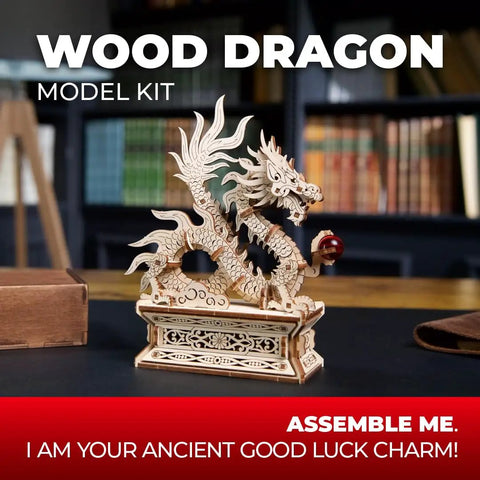 Mind Blowing Wood Dragon 3D Puzzle For Adults With Hidden Compartment on table with bookshelf background
