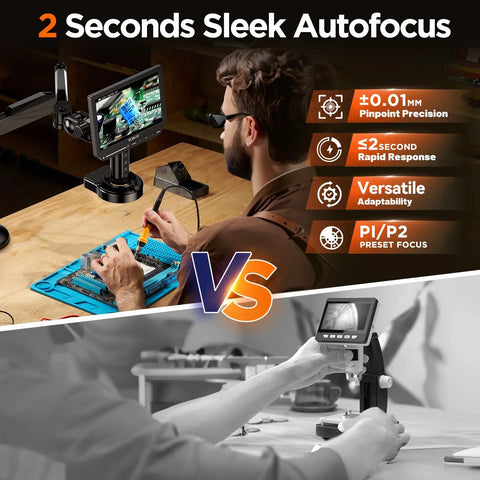 Autofocus 4K HDMI Digital Microscope With 10.1 Inch EM4K AF Flex Arm Display AI Auto Focus Real Time Refocus For Precision Inspection In Labs Classrooms And Hobbyist Setups showing PCB repair and lab use