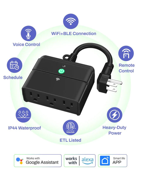 Outdoor Smart Plug With Timers And Countdown, heavy duty weatherproof outlet, controls up to three devices, works with Alexa and Google