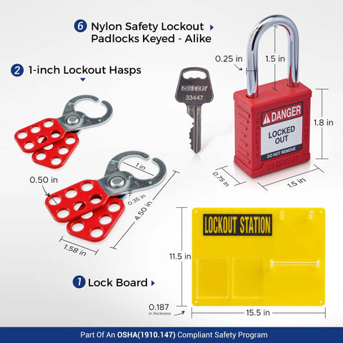 Lockout Tagout Station Kit With Loto Devices, 6 Keyed Alike Safety Lock Set, Padlock Hasps, 10 Do Not Operate Tags, Easy Mount Lockout Board, Yellow Safety Station for Fast Shutdown and Compliance image with measurements.