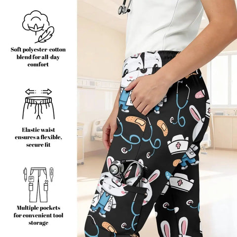 Plus Size Printed Nurse Scrub Pants For Women Machine Washable with pockets for hospital caregivers comfort