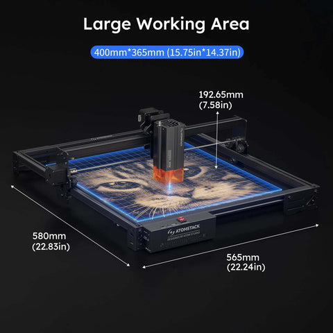 ATOMSTACK A20 PRO V2 laser engraver; black frame, orange laser head, 400x365 mm working area