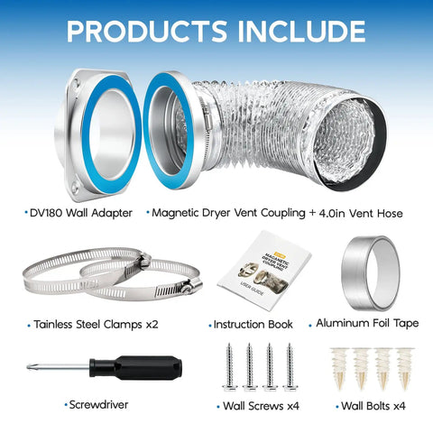 Contents of Magnetic Dryer Vent Connector Kit With Quick Connection, Airtight Seal, Universal Fit For Standard 4 Inch Dryer Vents