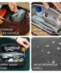 Collage of Ocean Wash Pouch Travel Toiletry Bag showing exterior handle, mesh pockets, large capacity, and weatherproof shell.