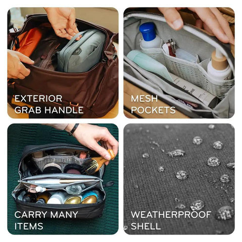 Collage of Ocean Wash Pouch Travel Toiletry Bag showing exterior handle, mesh pockets, large capacity, and weatherproof shell.