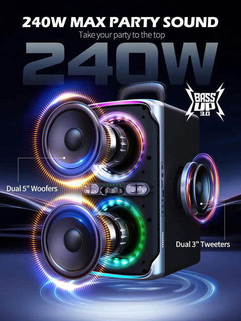Ultimate Party Bluetooth Speaker With 240W Peak Power, Dazzling Light Show, Deep Bass, IPX4 Waterproof, front view
