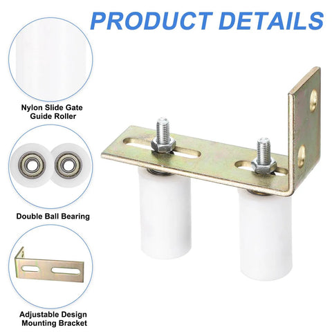 Two Pack Gate Guide Rollers With L Bracket For Sliding Gates 40mm Nylon Rollers With Sealed Ball Bearings Fits Gates Up To Two And Fifteen Sixteenths Inches Wide Universal Gate Guider For Sliding Doors White visible with close-up on roller and bracket details