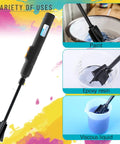 Variety of uses for 12 Piece Resin Mixer Paddles Set For Quarter Inch Drill Plastic Epoxy Mixer shown with paint, epoxy, viscous liquid.