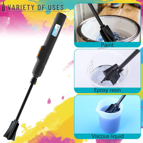 Variety of uses for 12 Piece Resin Mixer Paddles Set For Quarter Inch Drill Plastic Epoxy Mixer shown with paint, epoxy, viscous liquid.