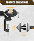 Dimensions of Beefy Three Inch Bench Vise With 360 Degree Swivel Base Clamp On Heavy Duty Cast Iron Vise displayed.