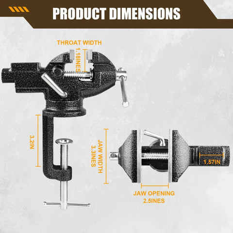 Dimensions of Beefy Three Inch Bench Vise With 360 Degree Swivel Base Clamp On Heavy Duty Cast Iron Vise displayed.