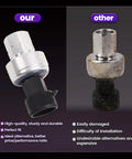 Comparison of Chevy GMC Air Conditioning Pressure Sensor Switch Replacement For 2002 To 2021 Chevy, 2003 To 2021 GMC, Buick, Saturn Vehicles With OE 13587668, showing new vs old.