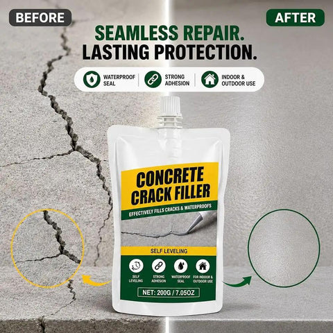 Self Leveling Concrete Crack Filler Waterproof Cement Sealant 200g pouch for filling cracks in walkways and patios.