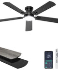 No Fuss 52 Inch Low Profile Ceiling Fan With Lights Featuring Slick App And Remote Control For Fast Cooling And Bright Ambient Glow In Matte Black Finish.