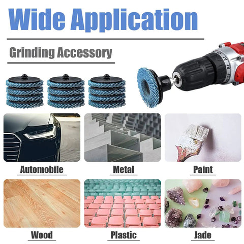 15 Piece Two Inch Roll Lock Flap Disc Kit For Die Grinders With 40 60 80 Grit Quick Change Abrasives shown with applications