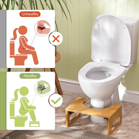 7 Inch Bamboo Toilet Stool for Adults, Foldable Squat Potty for Bathroom, 0.79 Inch Thick in use with instructional diagram