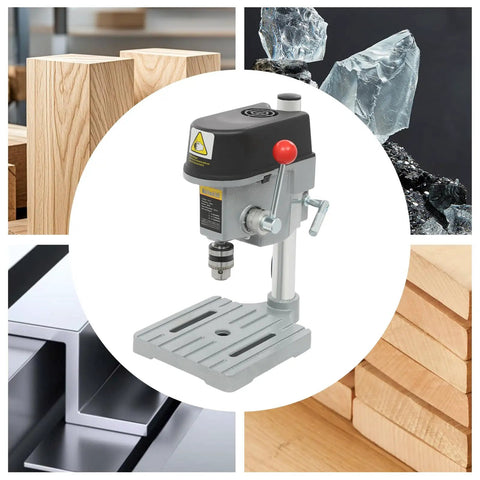 Sturdy Mini Bench Drill Press For Woodworking And Metal Crafting with precision chuck, shown alongside wood and metal samples.