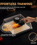 Quick Thaw Electric Defrost Tray For Steaks Chicken Fish And Shrimp Featuring Smart Timer, showing user pressing LCD button for thawing.