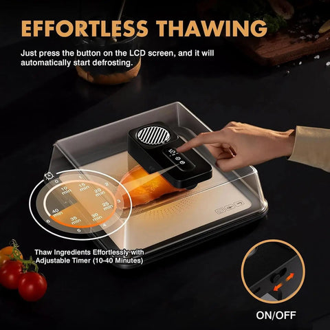 Quick Thaw Electric Defrost Tray For Steaks Chicken Fish And Shrimp Featuring Smart Timer, showing user pressing LCD button for thawing.