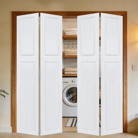 Fresh White Walnut Double Bi Fold Barn Door With Full Hardware Kit Set 96 By 80 Inches Solid Mdf sliding closet doors open over laundry.