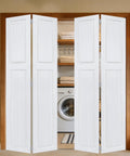 Premium Double Bifold Barn Door With Complete Hardware Kit And Smooth Glide Track For Closets Interior Walls And Room Dividers Built Tough With Heavy Duty Rollers No Fuss Setup, white panels in laundry area.