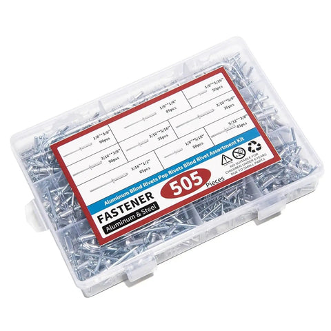 505 Piece Aluminum Blind Rivets Kit With Dome Head Pop Rivets For Quick Install Handy Assortment For Home Shop And Auto Projects Durable Vibration Resistant Fasteners For Metal Plastic And Wood, clear case
