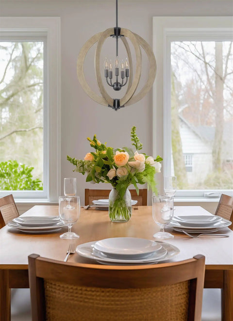 23 Inch 5 Light Modern Farmhouse Rustic Armillary Pendant Chandelier With Sphere Orb in dining room above table setting.