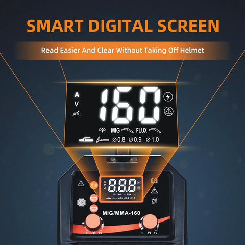 Close-up of LED display on 3 In 1 MIG Welder With Dual Voltage 110V 220V Flux Core Gasless MIG Lift TIG Stick Workhorse Portable Inverter Welder.