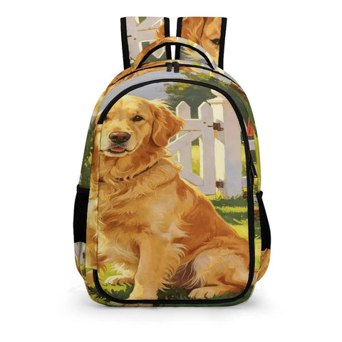 Red Mailbox Yard Pup Printed Backpack For Everyday Use with dog design, large, durable polyester, unisex, easy to clean, front view