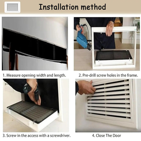 Installation steps for Heavy Duty Twenty By Twenty Six Inch Gray Return Air Filter Grille Featuring Slick Hinged Door.