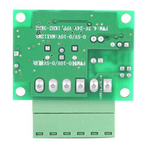 Top view of Analog Voltage To PWM Converter For 3.3V Signals Converts PWM 0-100 Percent To 0-5V Output with connecting terminals.