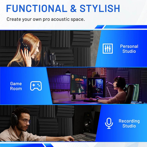 24 Pack Curved Acoustic Foam Panels 3X12X12 Inches in personal studio, game room, and professional recording studio.