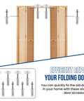 Bi-Fold Door Top Roller Hardware Kit With Spring Loaded Pivots And Guide Wheels For Closet Folding Shower Pocket And Accordion Doors DIY Replacement Parts displayed with folding door installation.