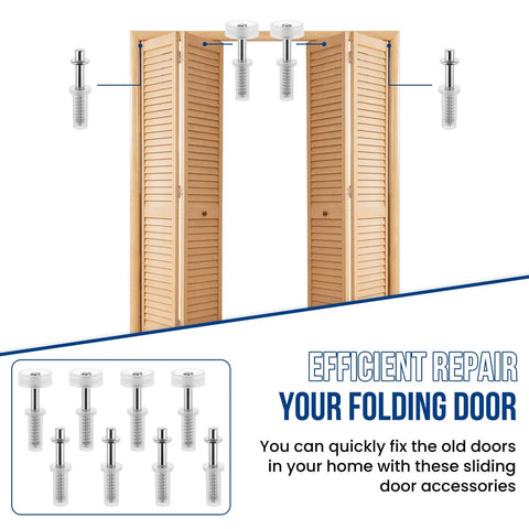 Bi-Fold Door Top Roller Hardware Kit With Spring Loaded Pivots And Guide Wheels For Closet Folding Shower Pocket And Accordion Doors DIY Replacement Parts displayed with folding door installation.