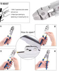 Instructional guide for using crimping pliers in One Sixteenth Inch Stainless Steel Wire Rope Aircraft Cable With Crimping Pliers Kit.