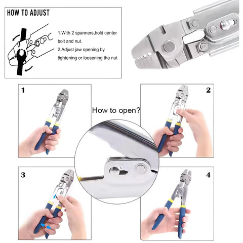 Instructional guide for using crimping pliers in One Sixteenth Inch Stainless Steel Wire Rope Aircraft Cable With Crimping Pliers Kit.