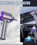 Cordless Handheld Car Vacuum With 20000Pa Max Suction showing air duster blower function on keyboard and car dashboard